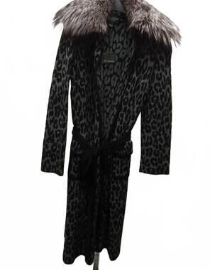 NEW ST. JOHN women's leopard print fur-trimmed knit jacket in charcoal/grey/blac